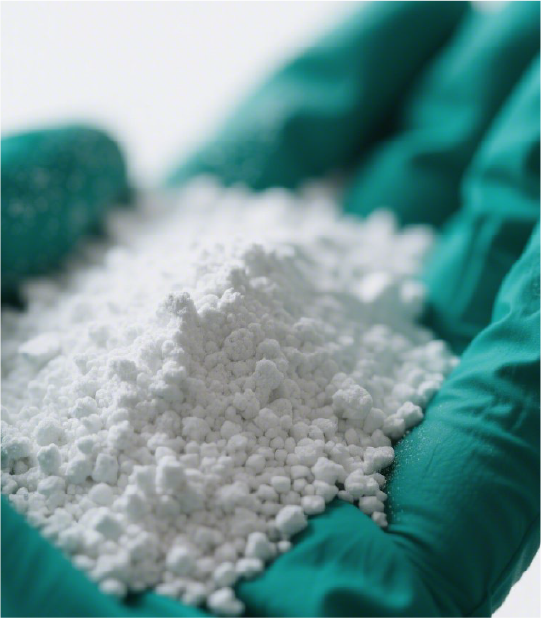 Gloved hand holding Citric Acid Tech Grade white granular product.