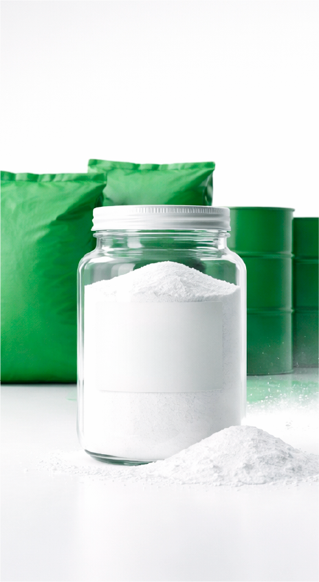 Citric Acid Tech Grade: jar of white crystals with industrial sacks and drums on a white studio background.